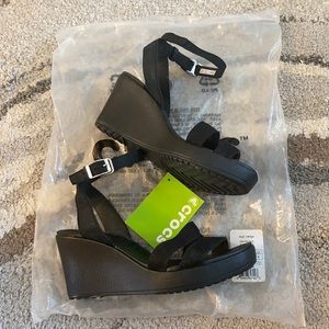 Crocs Women's Black Leigh II Adjustable Ankle Strap Wedge Comfort Sandal